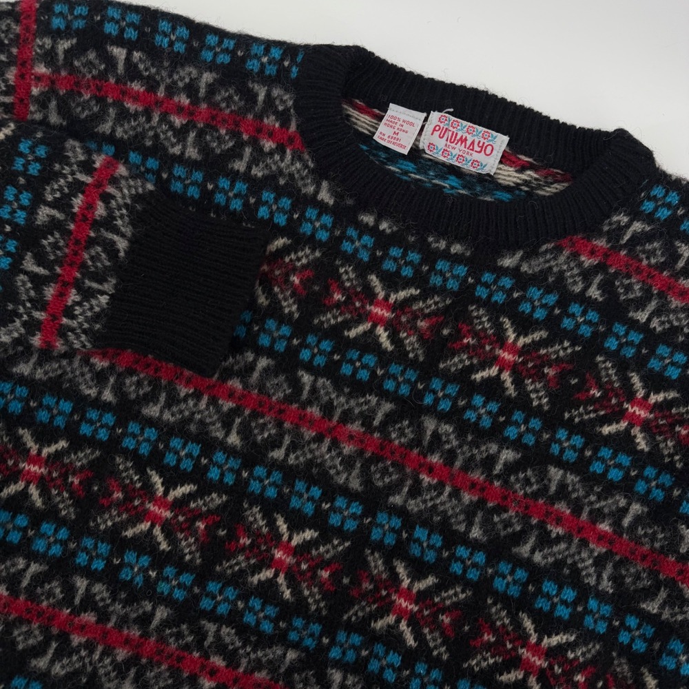 Putumayo New York Vintage Wool Fair Isle Sweater Womens Medium Black Red Blue‎